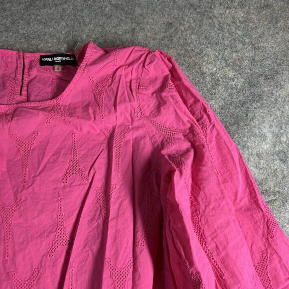 Karl Lagerfeld Top Women’s Large Paris Eiffel Tower Print Blouse Puff Sleeve - Picture 2 of 8